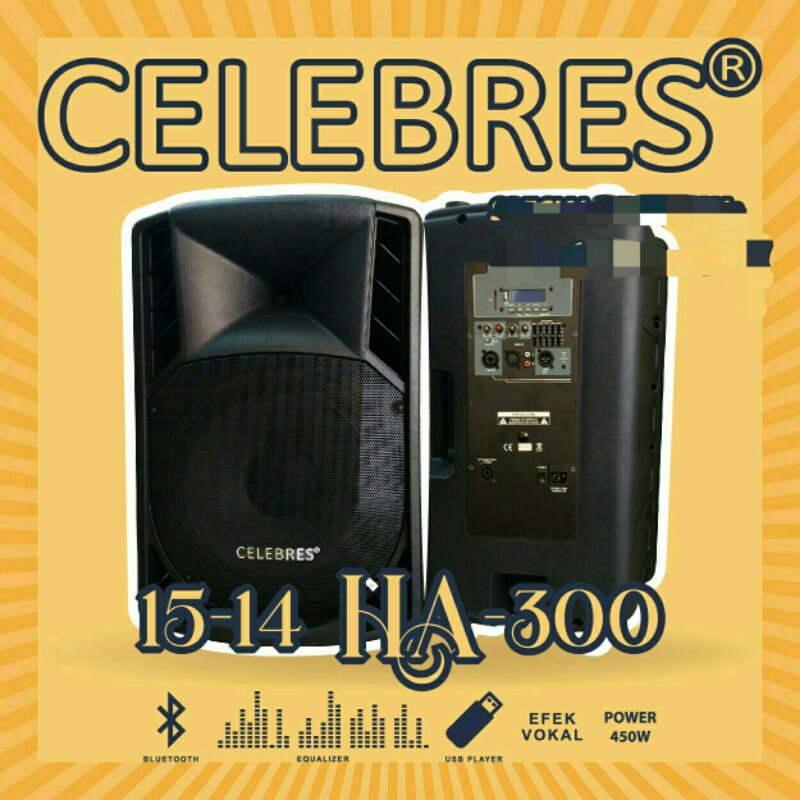 Speaker Aktif 15"inch Celebres 15-14 HA-300 450W - USB+SD Card+BT -- Sepasang/2 Unit/2 Buah Speaker