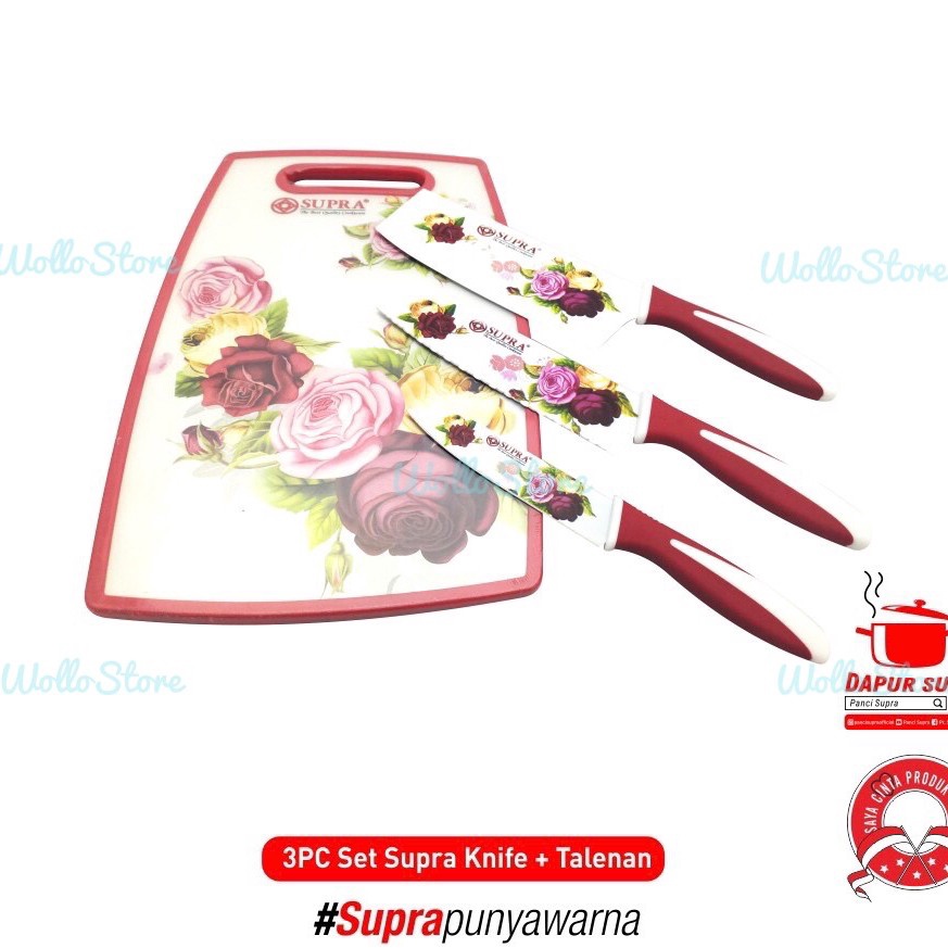 SUPRA Set Pisau 3pcs + Talenan Besar Motif Bunga