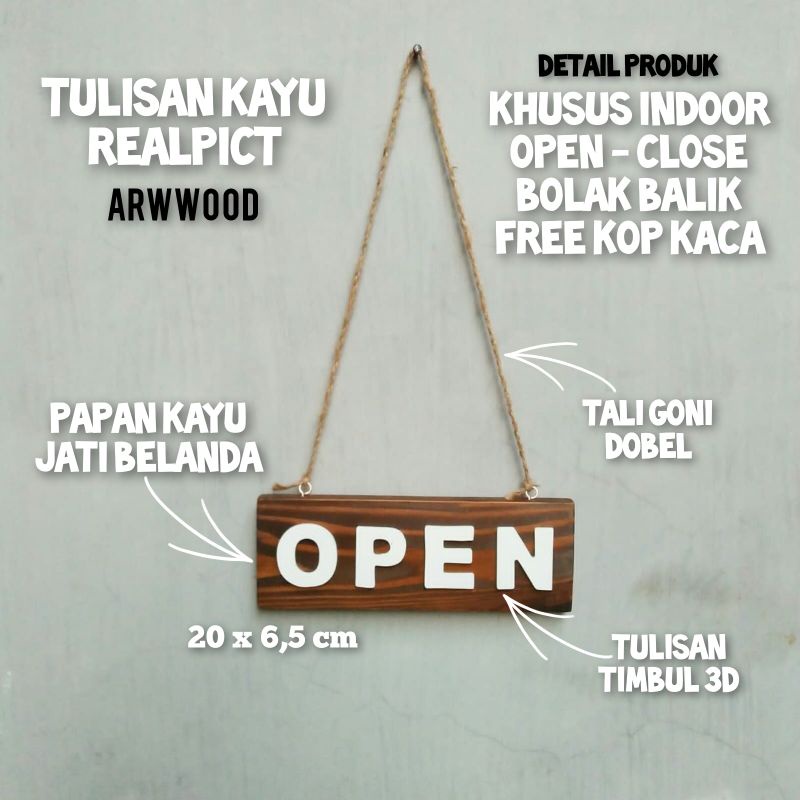 OPEN CLOSE TULISAN KAYU PINUS JATI BELANDA WALNUT COKLAT DEKORASI DINDING HIASAN RUMAH MINIMALIS TER