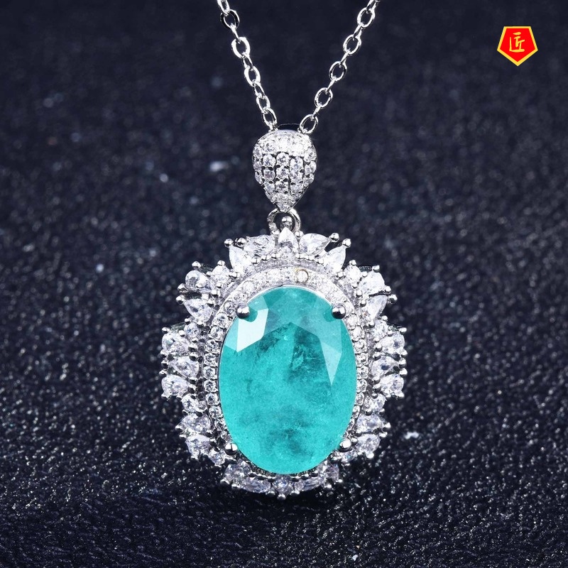 [Ready Stock]Natural Paraiba Necklace Luxury Gems Stud Earrings Jewelry Set