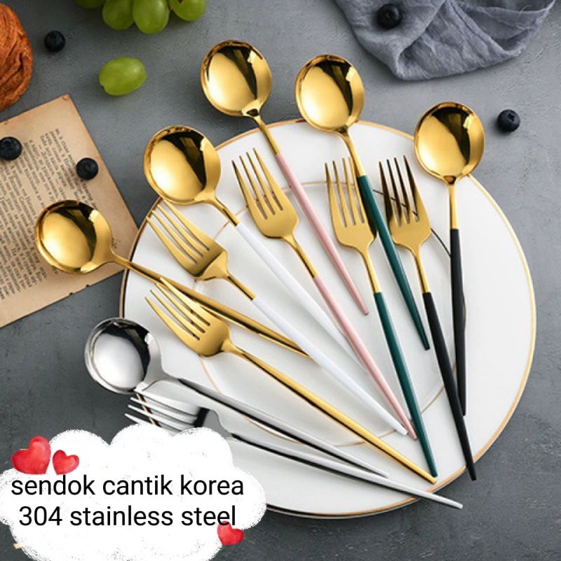 SALE HABISIN STOK 304 Alat Set Makan Sendok Korea Cantik Mewah Stainless Garpu Sumpit Sendok Anti Ka
