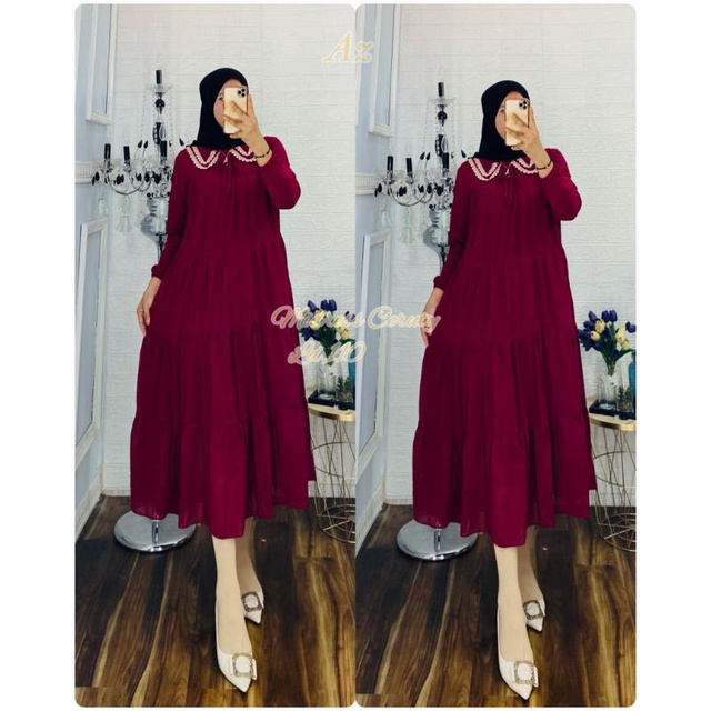 Baju Gamis Midi Dress Wanita Dewasa Ceruty Babydoll Premium Full Furing Motif Polos Kerah Renda Keci