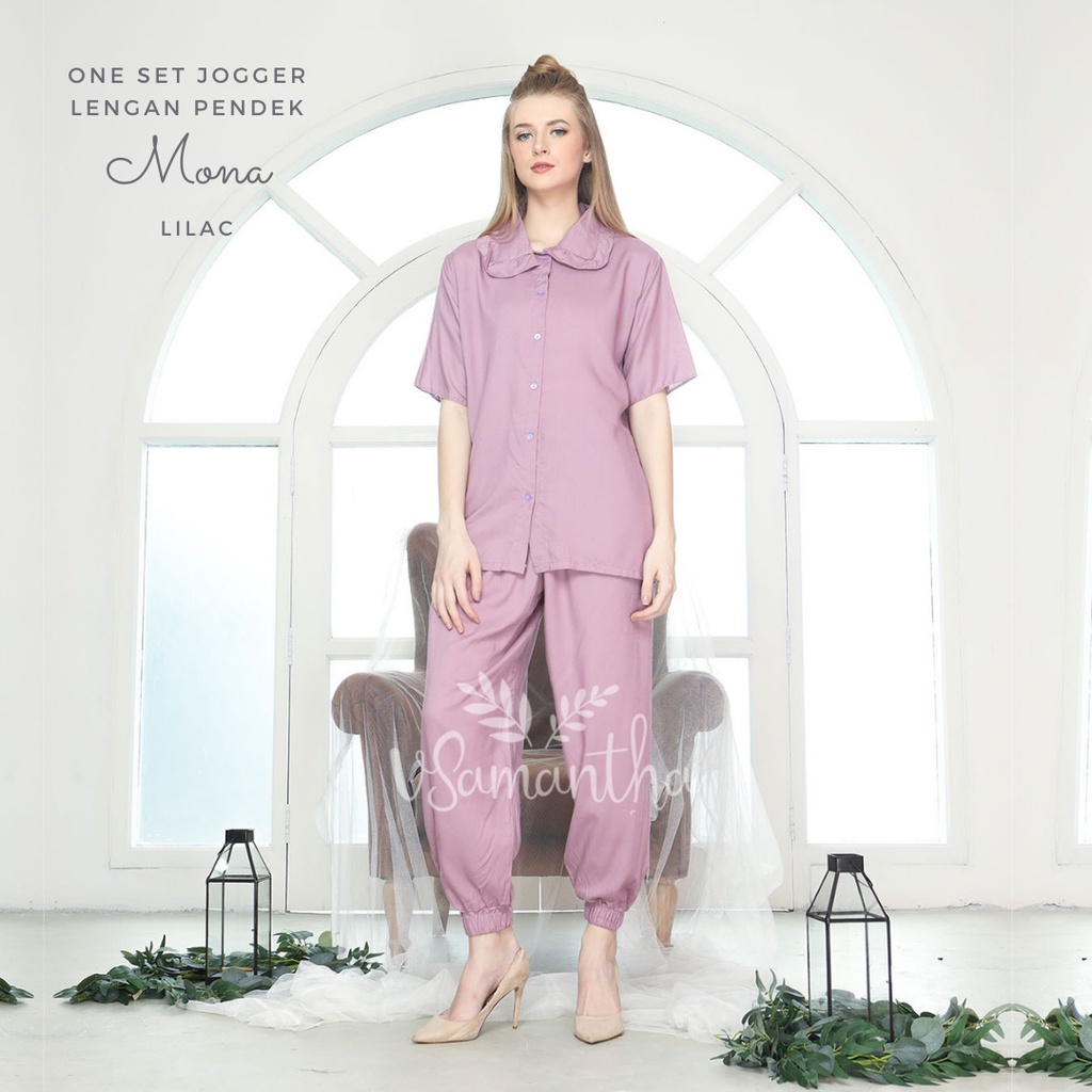 Piyama One Set Rayon Polos Jogger Mona Lengan Pendek