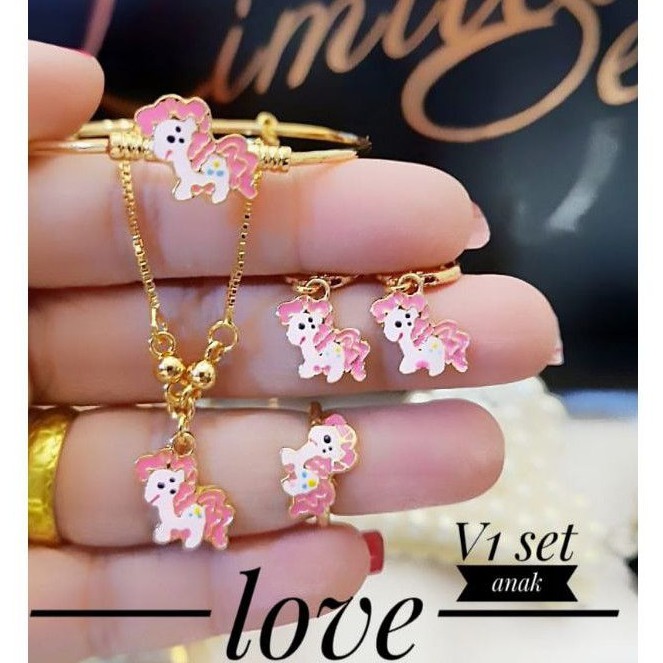 (JAN) Set Perhiasan ANAK Lapis Emas Xuping Kalung Gelang Anting Cincin Kuda Poni Gold Titanium Laris