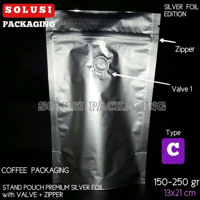 

KEMASAN KEMASAN KOPI C 150-250 GR/STAND POUCH SILVER FOIL ZIPPER VALVE/GUSSET