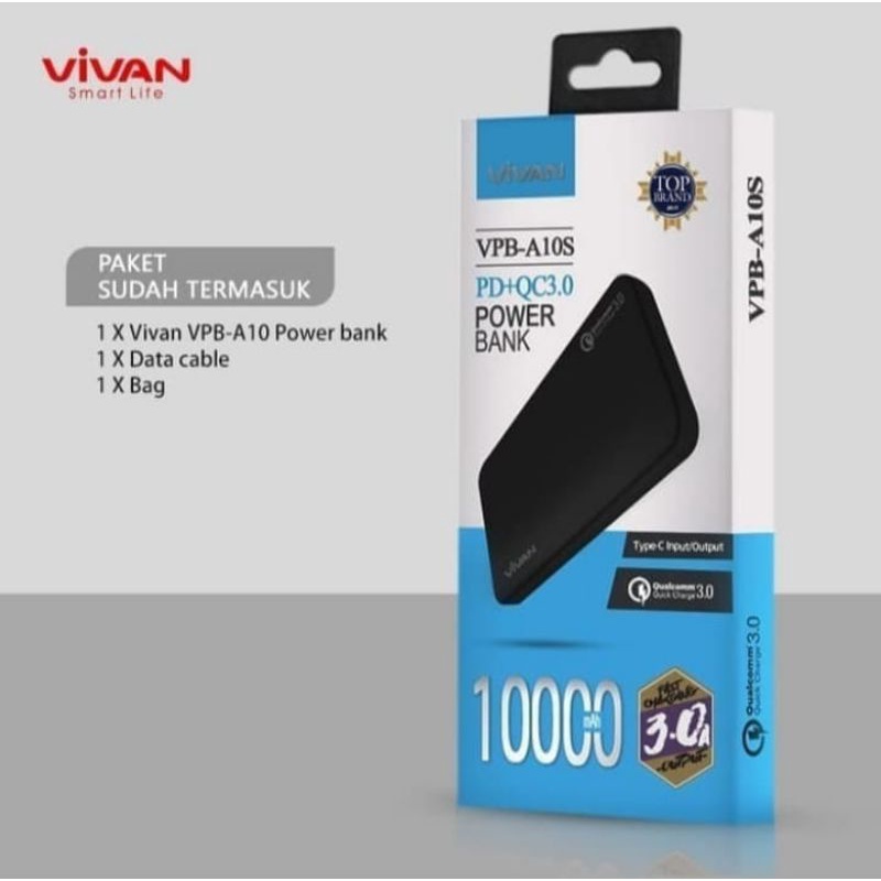POWER BANK VIVAN VPB-A10S 10000MAH Q3.0 TYPE C IN OUT