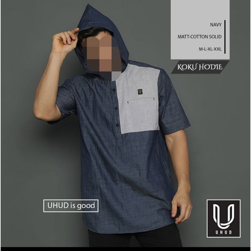 Baju Koko Kurta Hoodie pria dewasa UHUD lengan pendek Katun solid