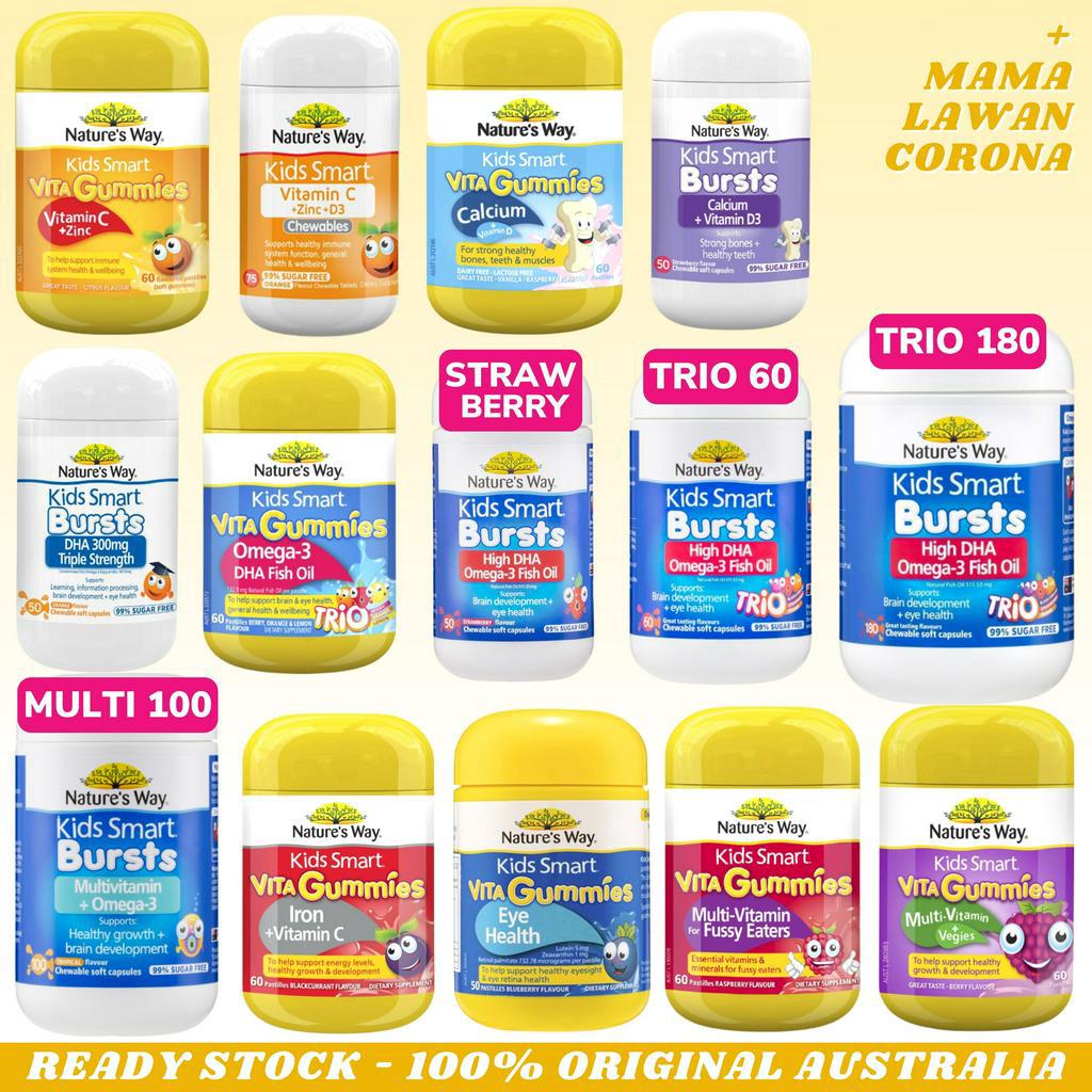 NATURE'S WAY Kids Smart Multivitamin Probiotics Probiotic Complete Omega 3 Fish Oil NATURES Vita Gummies Fussy Eaters Eater Vitamin Vit C Zinc 75 Calcium D 60 D3 50 Bursts Eye Health Defence Blue Light Eyes Vegies DHA 300 High Trio 180 Nature