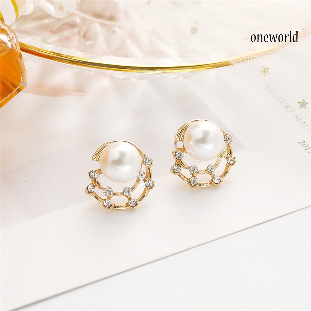 OW@ Fashion Women Rhinestone Faux Pearl Hollow Ear Stud Earrings Jewelry