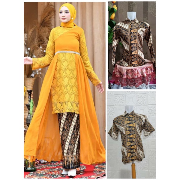 (COD) Setelan Couple Kebaya Tunik Alena Bahan Tulle Brokat by kheisa Collection - Gold