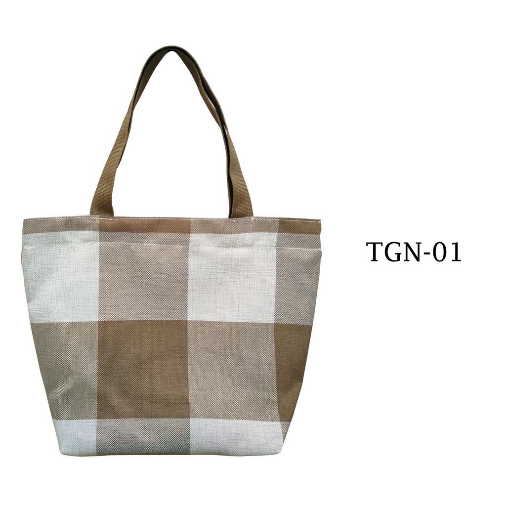 HAND BAG TAS TANGAN TOTE BAG BAHAN KANVAS DENGAN RITSLETING MOTIF KOTAK