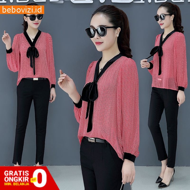 Blouse V-Neck Lengan Panjang Casual Model Jumbo Bahan Sifon Untuk Wanita