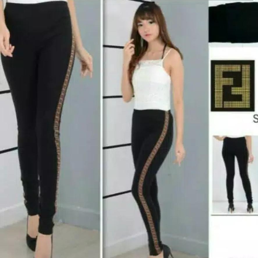 (BISA COD) Scuba Pants GOLD / Celana Panjang Wanita List WHITE / Luna Leggings Plat