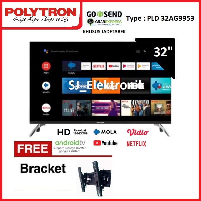 Free Braket LED TV Polytron 32 Inch PLD 32AG9953 HD Smart AndroidTV