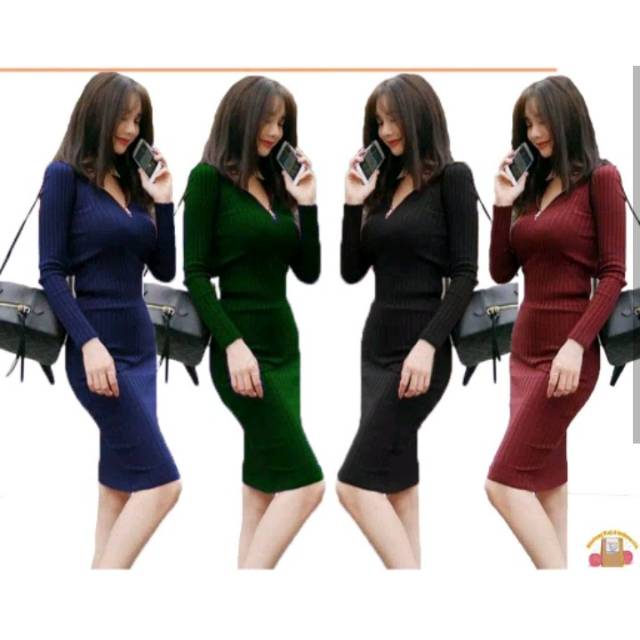 Joanna V Sleting Dress Bodycon Dress Wanita Lengan Panjang