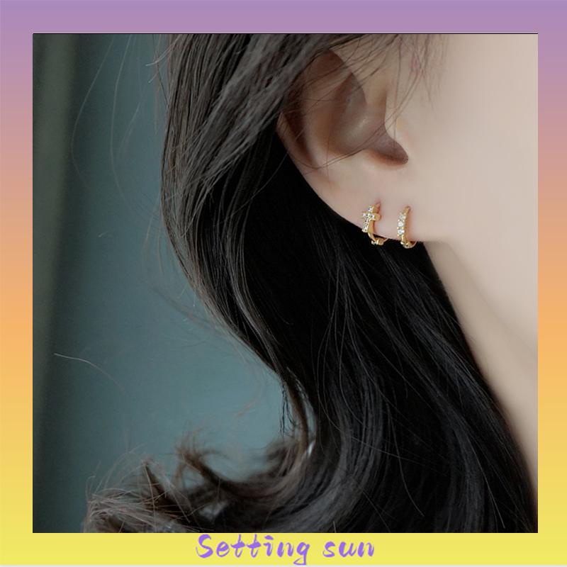 Anting Bulat Mini Lapis Emas 14k Hias Cubic Zirconia Untuk Wanita TN