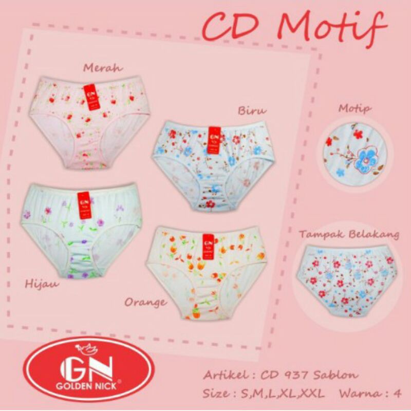 12 Pcs CD Golden Nick Print 937 Motif Wanita Dewasa | Celana Dalam GN Sablon Goldennick | Sguna