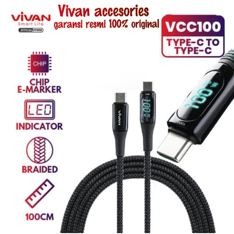 Vivan VCC100 USB-C to USB-C Quick Charge Cable Smart Digital Display