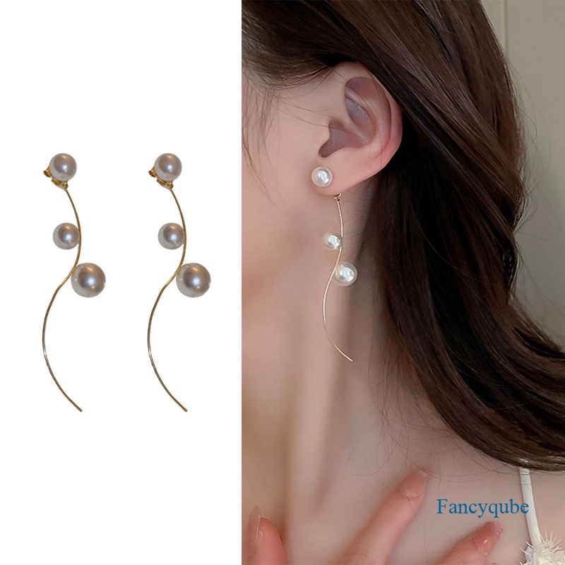 Fancyqube Fancycube Anting Panjang Bentuk Geometris Aksen Mutiara Bahan Metal Gaya Retro Perancis