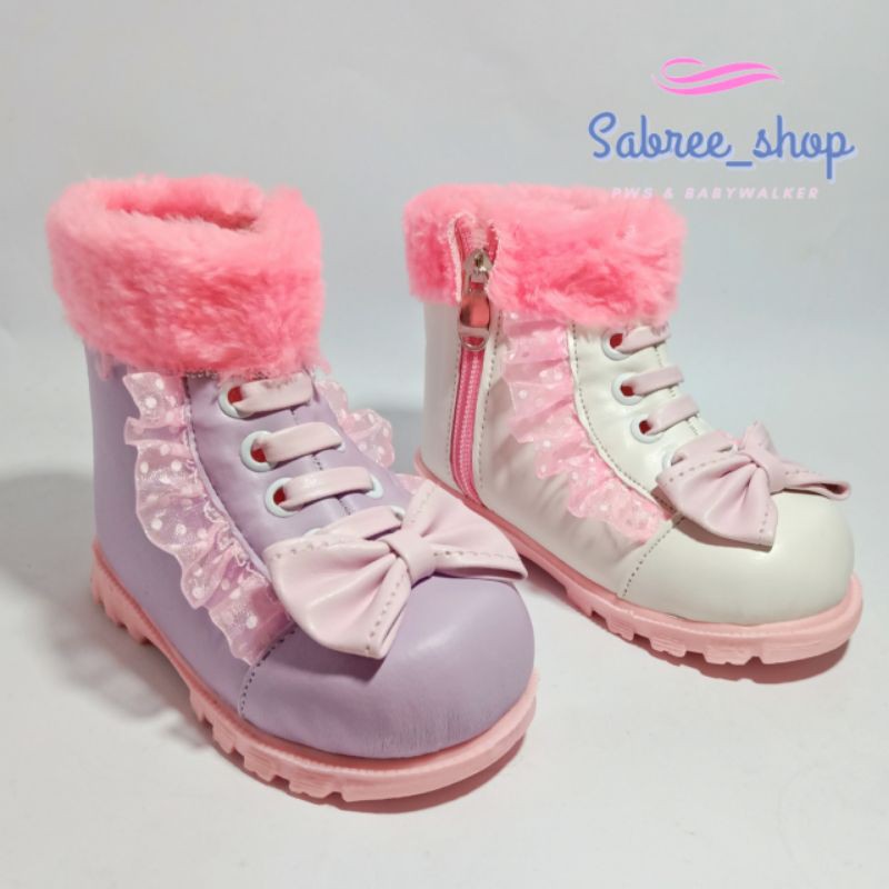 Sepatu anak perempuan/Boot pita Lylac/pink/White