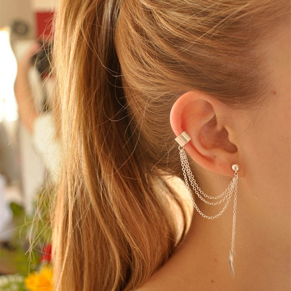 Leaf Tassel Ear Crawler Earring / Multi Layered Studs Cuffs Ear  Charm Clip / Punk Personality Clip Tassel leaf Charm Metal Ear Clip