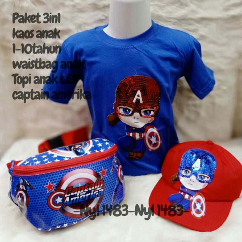 paket 3in1 baju kaos anak laki laki tas selempang anak topi anak motif captain america waistbag anak usia 1-10 tahun