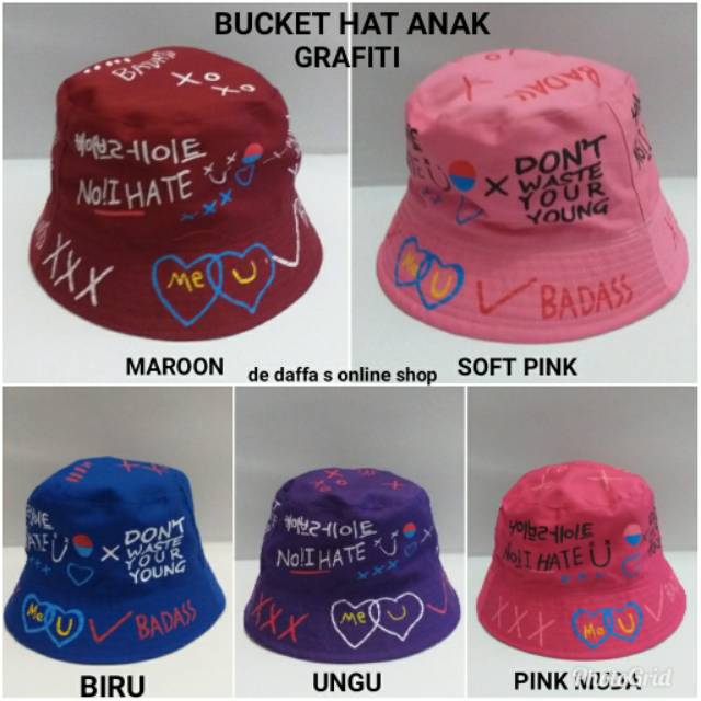 Topi Bucket Hat Anak Graffiti Korea / fisherman -  HITAM