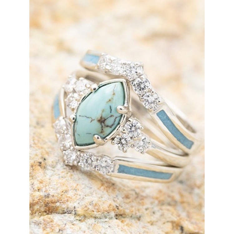 3pcs / Set Cincin Emas Multilayer Model Hollow Turquoise Untuk Wanita