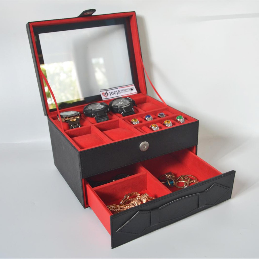 ORIGINAL Watch Box Organizer - Kotak Tempat Jam Tangan Sport &amp; Tempat Perhiasan Berlaci Hitam Merah