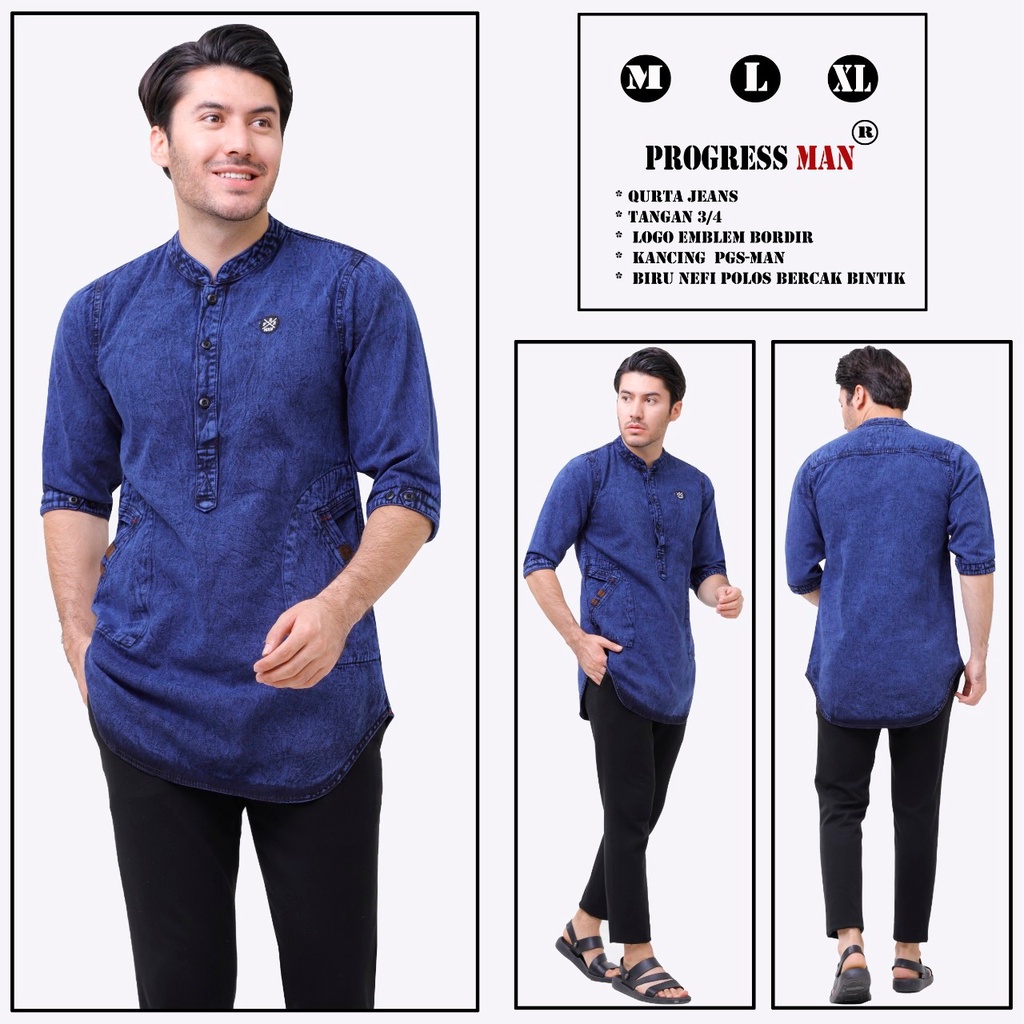 PROGRESS MAN baju koko jeans pria lengan tiga perempat koko kurta pangsi kemeja koko denim pria lengan tiga perempat kurta pangsi jeans baju kurta denim dewasa logo bordir Hijau washing P4N9S402