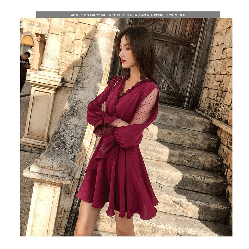 KDR-33 dress terusan wanita import korea jepang marun hitam pesta mini dress