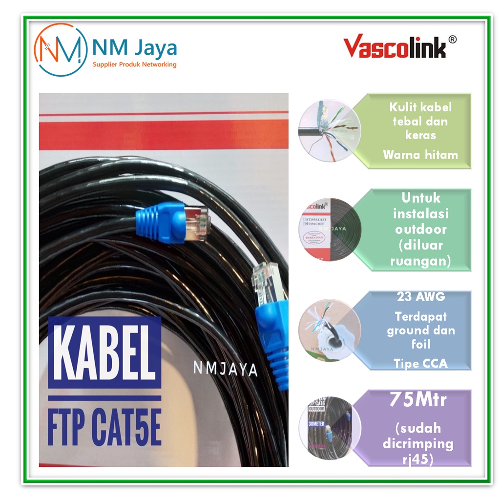 Kabel Lan Outdoor 75 Meter FTP CAT5e Siap Pakai sudah dicrimping rj45 besi dan plugbooth Vascolink Hitam