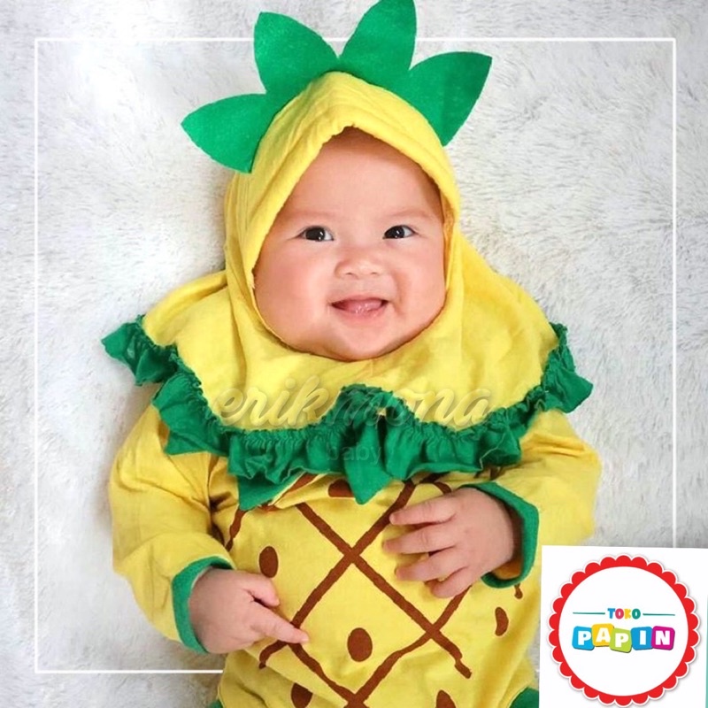 TokoPapin Baju Bayi Nanas Jilbab Jumper Anak Bayi Hijab Muslim Motif Buah Nanas