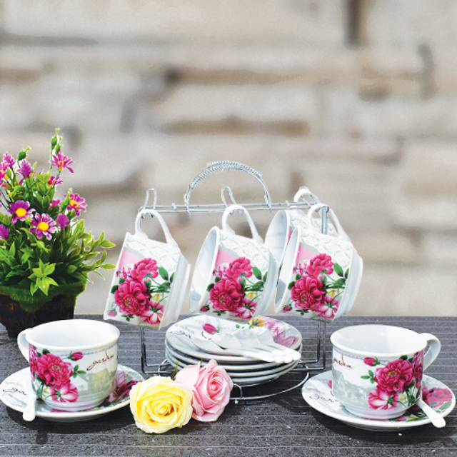 Cangkir Set I Tea Set FIORENZA ROSE 13 Pcs + Rack