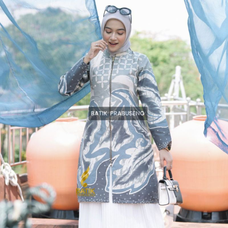 RATRI ABU Tunik Batik Wanita Prabuseno Zipper Depan Model Kekinian Katun Halus Adem Modern Nyaman Di pakai Buat Acara Kondangan dan Kerja kantoran Elegan Bisa COD