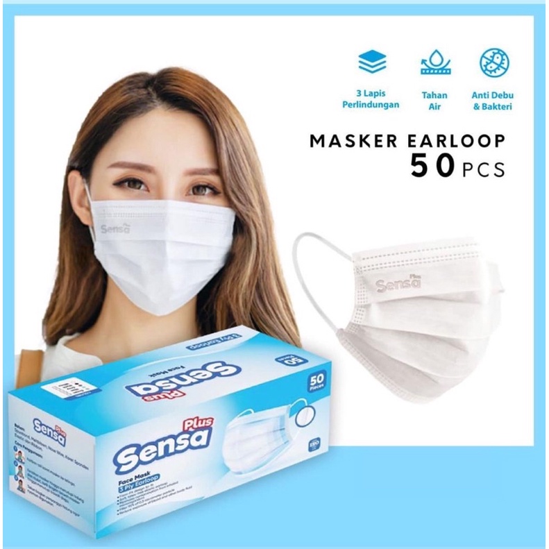 MASKER 3PLY HEADLOOP EARLOOP/HIJAB SENSA ADA EMBOS 1BOX ISI 50PCS