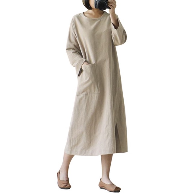 ZANZEA Womens Plus Size 3/4 Sleeve Loose Cotton Long Dress