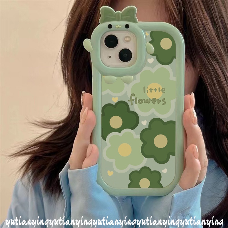 Ins Case Bunga Hijau Oppo A17 A7 A5s A54 A57 2022 A76 A96 A3s A5 A9 A55 A16s A15 A12 A17K Reno 4F 5F 5 7 A53 A74 A95 A16K A52 A15s A16 A31 3D Bow-knot Monster Kecil Lensa Sarung Cover Sarung