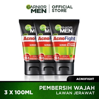 Image of Garnier Men Acno Fight Anti-Acne Scrub In Foam Cleanser 100 ml - 3 pcs Pembersih Wajah Pria Sabun Cuci Muka