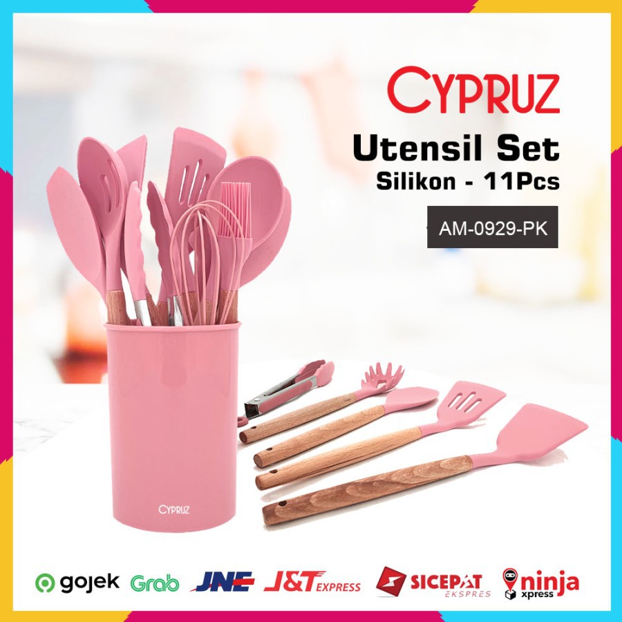 Cypruz Utensil Set AM-0929-PK Spatula Set Silikon Gagang Kayu PINK