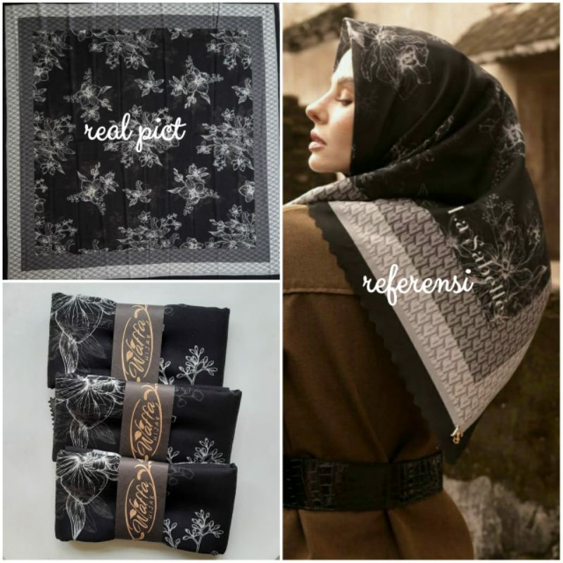 Segi empat voal motif lukis hitam bunga lasercut