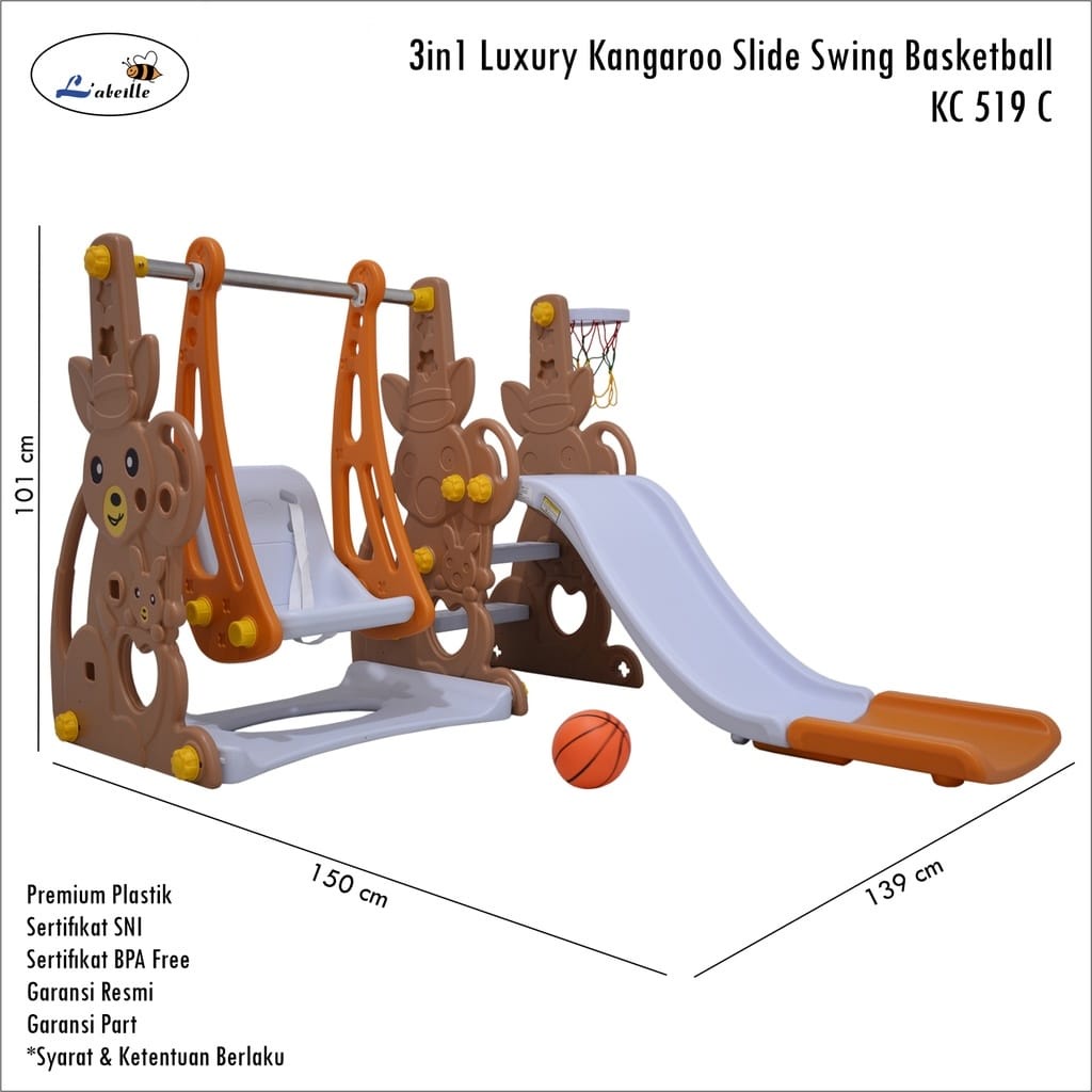 Labeille KC 519 C 3in1 Slide Luxury Kangaroo Perosotan Anak + Ayunan Anak + Ring Bola Basket Anak