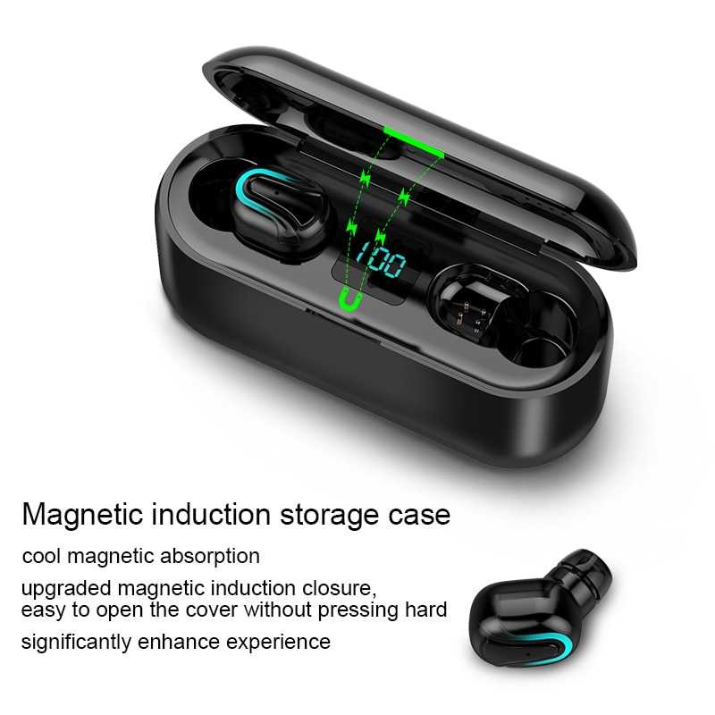 (100% BARANG ORI)  Earphone True Bluetooth 5.0 Powerbank Charging Dock - Q32