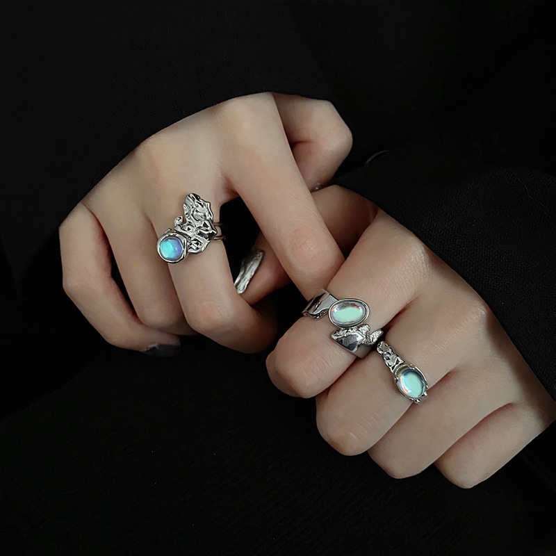 Cincin Jari Telunjuk Model Terbuka Desain Geometri Asimetris Aksen Moonstone Gaya hip hop Untuk Wanita