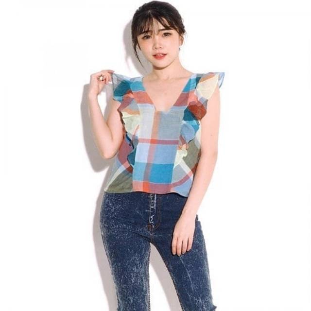 

maeve blouse vneck Plaid blue alat tulis lucu wooden clip sticker deco washitape notes sekolah