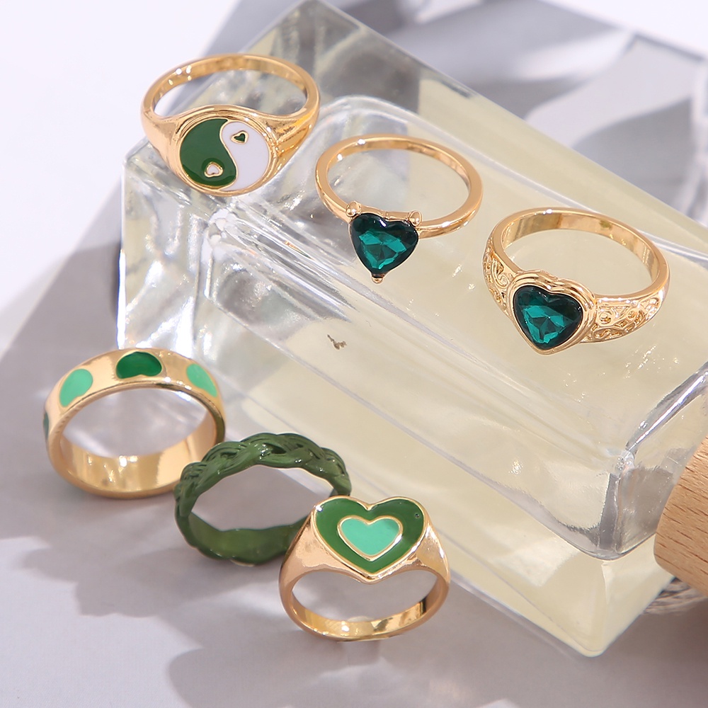 6pcs/set Green Heart Gold Rings Set Crystal Tai Chi Ring for Women Jewelry Fashion Accessories