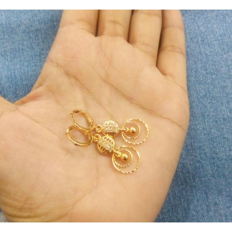 anting gantung rumbai bulat keroncong permata cantik perhiasan wanita titanium gold 18k
