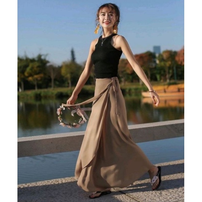 ROK STRAP ROK TALI SHAKILA ROK KOREA TALI STYLE ROK WANITA BAHAN SHAKILA STREAT ALL SIZE FIT TO XL BAWAHAN PANJANG KOREA LONG SKIRT STRAP POLOS-Beige