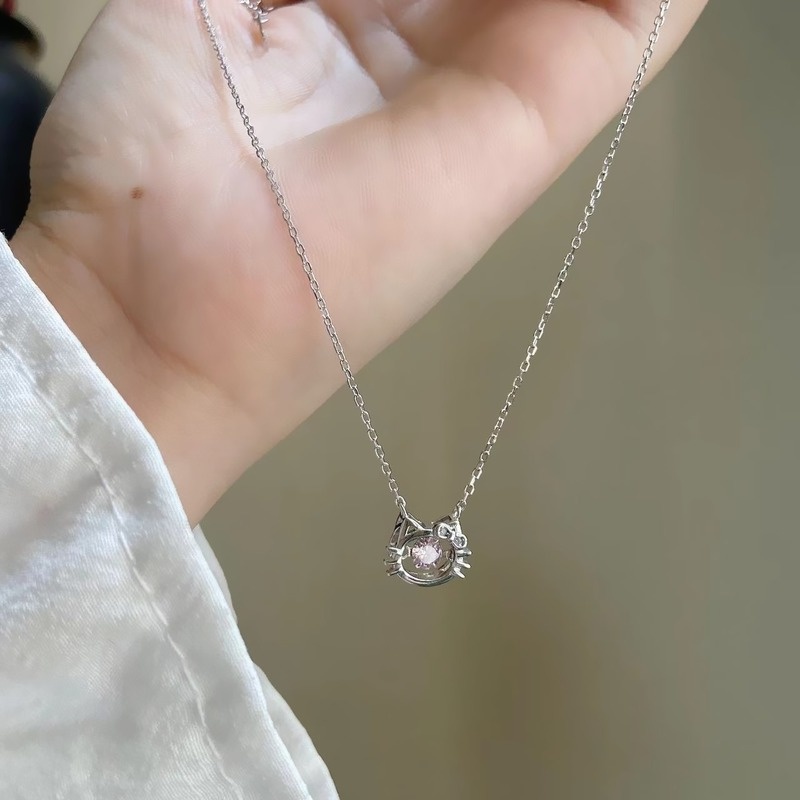 Kalung Rantai Dengan Liontin Bentuk Kucing + Hati Untuk Wanita