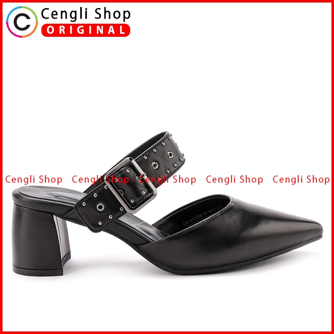 SEPATU SANDAL HEEL KULIT OBERMAIN HEELS WANITA ORIGINAL HITAM OW09